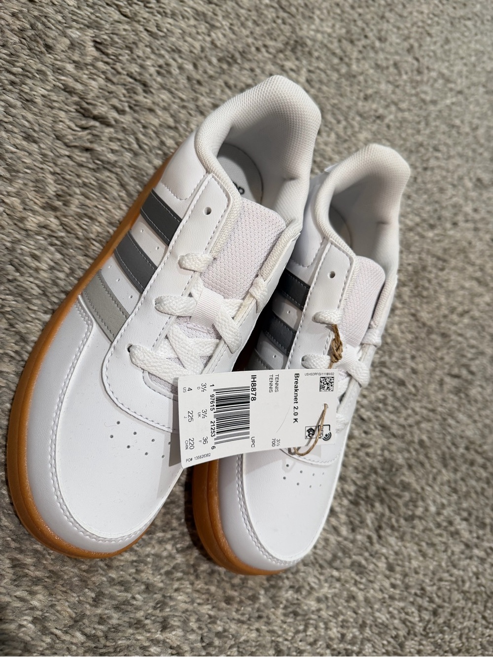 Kids  adidas White Sneakers with Gray Stripes and Gum Sole